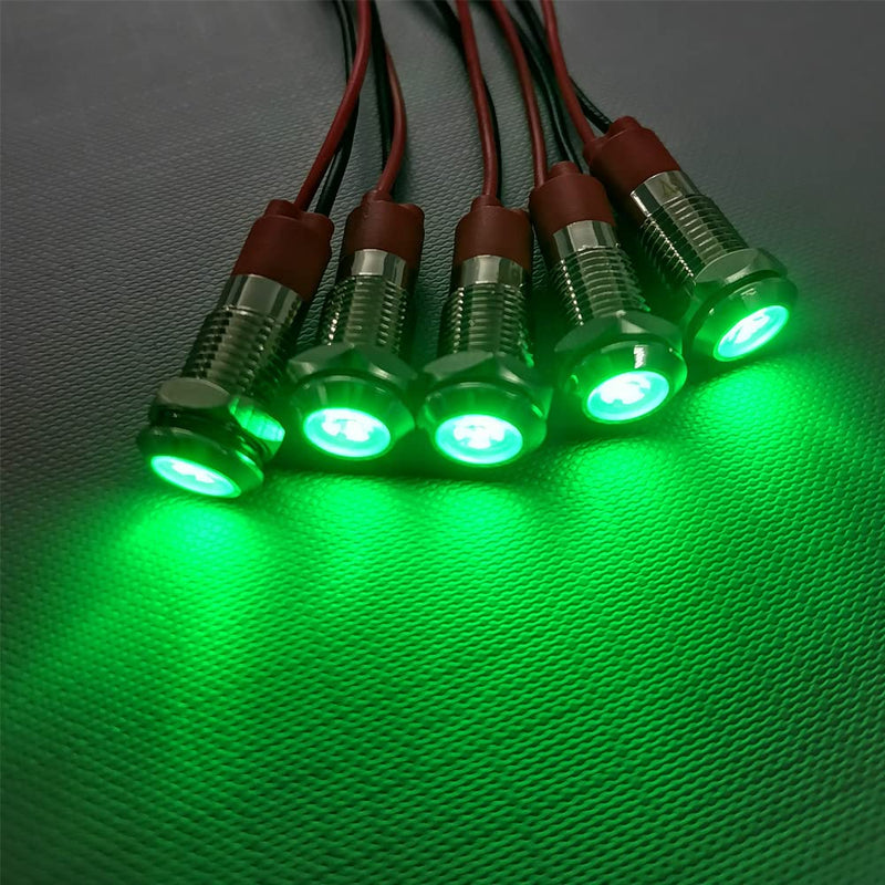 [Australia - AusPower] - 8mm 3V-4.5V-5V-6V-7.5V-9VDC Waterproof Indicator Light, Energy Saving LED Metal Signal Indicator Lamp with Wire(5pcs x Green) 
