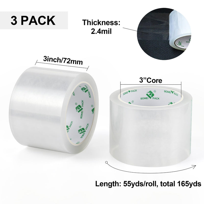 BOMEI PACK 3 inch Wide Clear Packing Tape, 3 inch x 55 Yards, Industrial Grade 3'' Heavy Duty Shipping Tape Refills for Box Office Moving, Packaging and Mailing