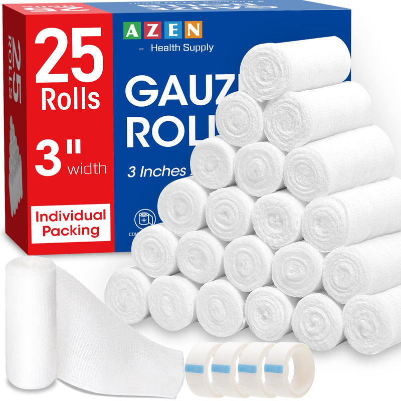 AZEN 25 Pack Gauze Rolls Bandages, 3 in x 4.1 Yards, Premium Medical Supplies & First Aid Supplies, Bandage Wrap Vet Wrap, Mummy Wraps A-25p