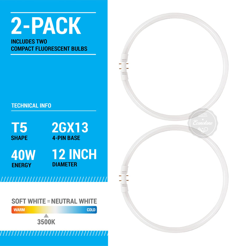 KOR (Pack of 2) FC40T5/-12 T5 Fluorescent Circline - 40 Watt - 2GX13 Base - (FC12T5) (3500K - (Neutral White)) 3500k (Neutral White)