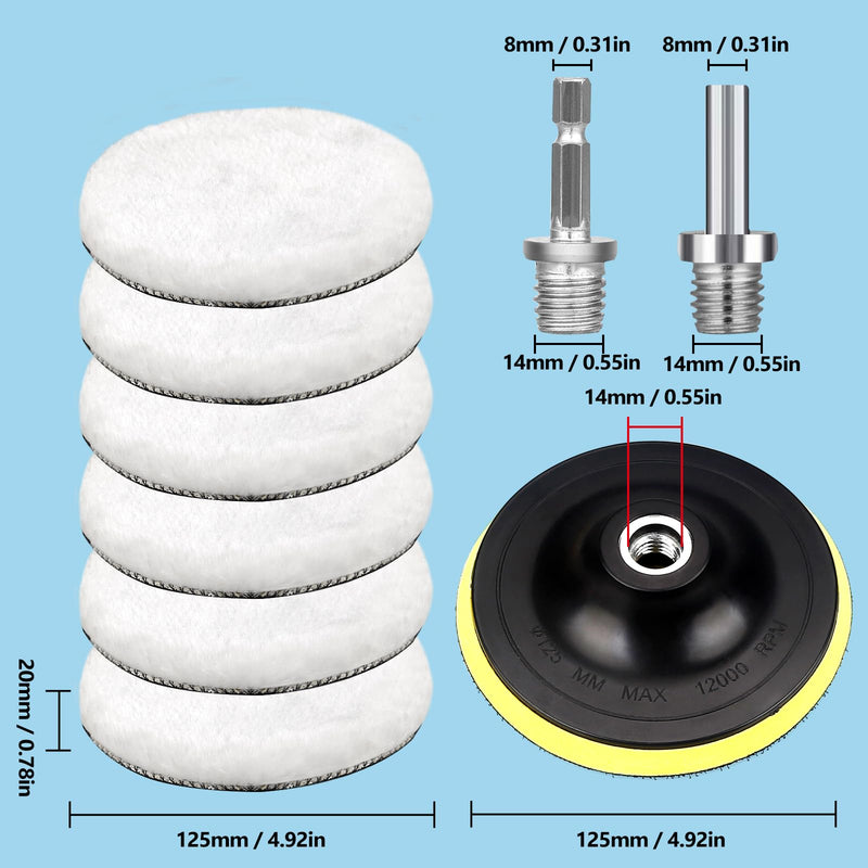 Polishing Attachment Angle Grinder Polishing Hood Polishing Sponge 125 mm Polishing Disc Polishing Pads, 6 Pieces Wool Polishing Attachment, Polishing Pad with 6 Angle Handles, Round Adapter, Easy to Replace