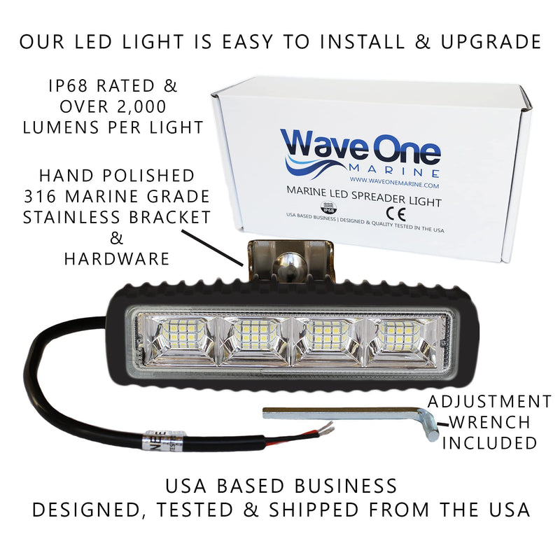 Wave One Marine | Hi-Lumen LED Spreader Light | IP68 Waterproof Boat Deck Flood Beam | Bright 2000+ Lumen Output for Night Fishing (Black Housing) Black Housing