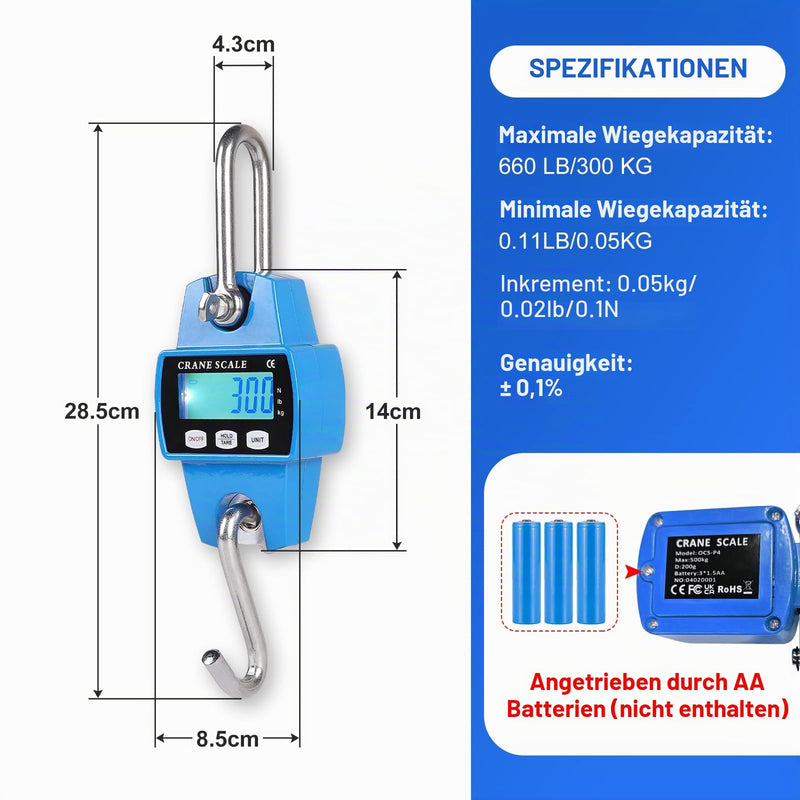 EFUTURETIME Digital Hanging Scales 300KG Crane Scale Aluminum Blue | Precision and Portability Game Scale Hook Scale for Hunting Fishing Farm Factory Wharf Weighing Steel Raw Materials
