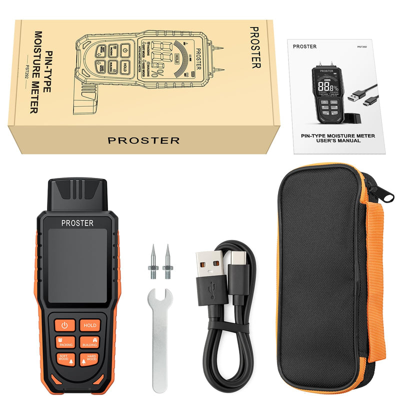[Australia - AusPower] - Proster Rechargeable Moisture Meter with Tri-Colour Display – Wall Damp Meter with Visual & Sound Alerts, Professional Damp Detector for Timber, Walls, Cement, and Building Materials Rechargeable Pin Moisture Meter 
