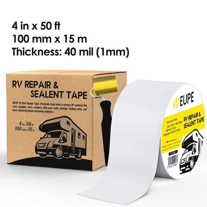 RV Sealant Tape with Roller, White, 4 Inch x 50 Feet, Roof Patch Repair Tape, Roofing Tape for RV, Waterproof Leak Tape for RV Puncture, Boat Sealing, Canopy, Camper, Greenhouse and Tarpaulin 4in x 50ft with Roller - White