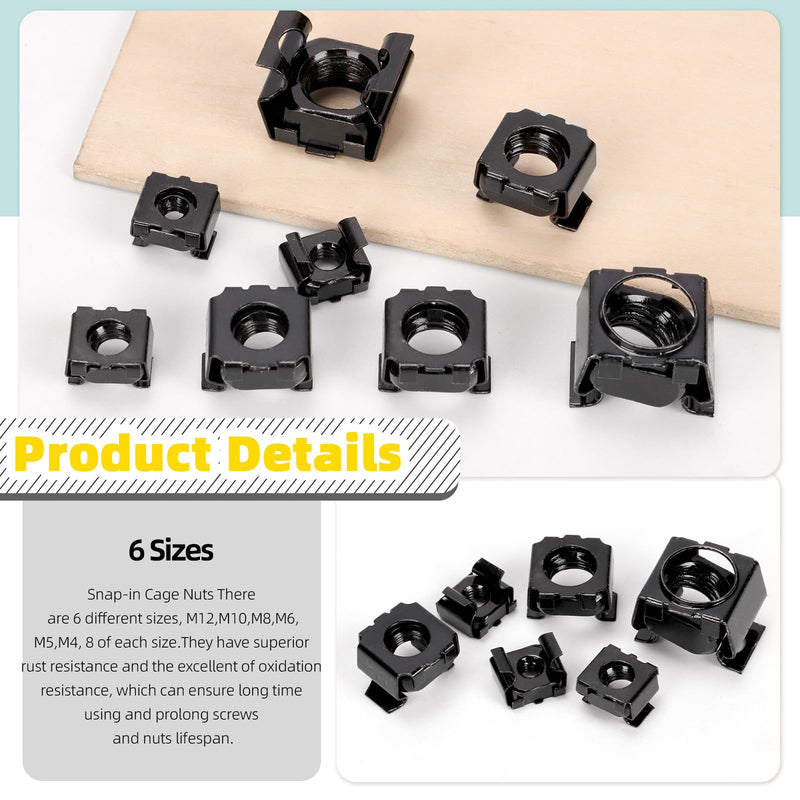 [Australia - AusPower] - 84Pcs Snap-in Cage Nuts Assortment Kit, M4 M5 M6 M8 M10 M12 Carbon Steel Zinc Plated Metric Cage Nuts Clip-On Nuts, Rack Nuts, Rack Mount Clip Nuts for Shelve Cabinet, Black 84 