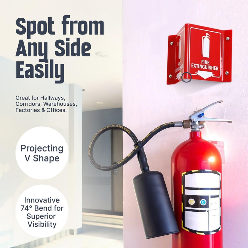 SmartSign (4-Pack) Fire Extinguisher Projecting Sign with Down Arrow - 5" x 6", Two-Sided Wall Mount Polished Acrylic Corridor V-Sign, White on Red #2. Red Acrylic - Pack of 4