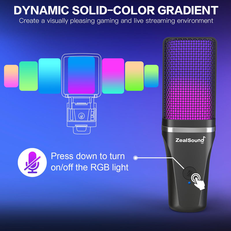 [Australia - AusPower] - ZealSound Gaming USB Microphone for PC,RGB Condenser Computer Mic with Tripod Stand,Quick Mute,Gain Control for Gaming,Streaming,Podcasting,Recording,ASMR,Cardioid Mic Kit for Laptop/PS4/PS5/Phone RGB 