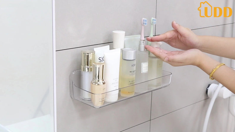 UDD Acrylic Clear Shower Caddy Adhesive Shelf, 2pc Plastic Shower Organizer with Self Adhesive Tape, No Drilling Wall Mount Shower Shelves for Bathroom Kitchen, Transparent 2Pack