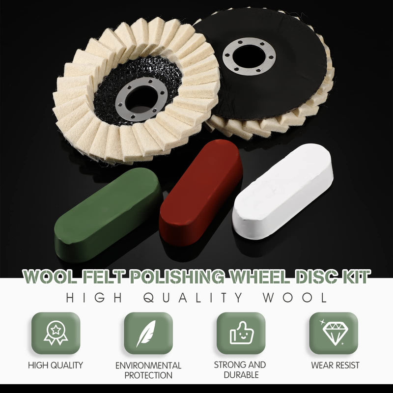 [Australia - AusPower] - 8 Pcs Wool Polishing Wheel Disc and Polishing Compounds Set Includes 5 Pcs Thicken Arbor Buffing Wheel 3 Pcs Buffing Compound 4 1/2 x 7/8 Inch Felt Flap Disc for Angle Grinder, Multi Surface 