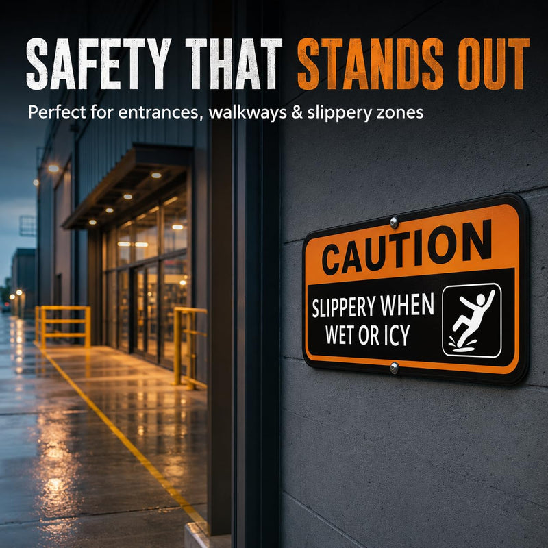 2 Pack Caution Slippery When Wet or Icy Sign, 12 x 6 Inch Reflective Aluminum Safety Warning Sign, UV Protected, Weather Resistant, Easy to Mount