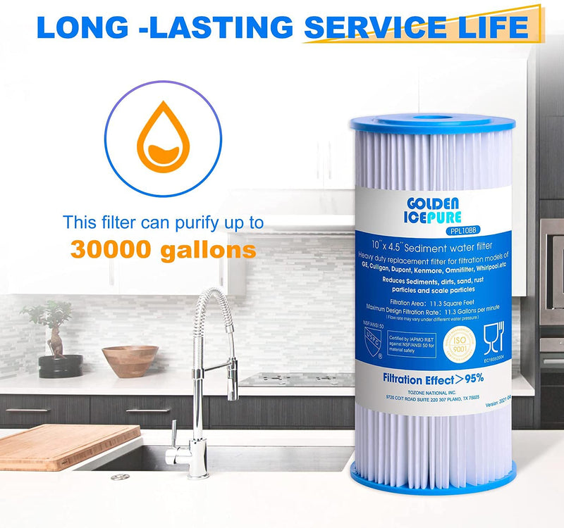 GOLDEN ICEPURE PPL10BB, 5 Micron 10" x 4.5" Whole House Sediment Pleated Water Filter, Compatible with DuPont WFHDC3001, GE FXHSC, Culligan R50-BBSA, R50-BB, W50PEHD, GXWH40L, CP5-BBS 2-PACK