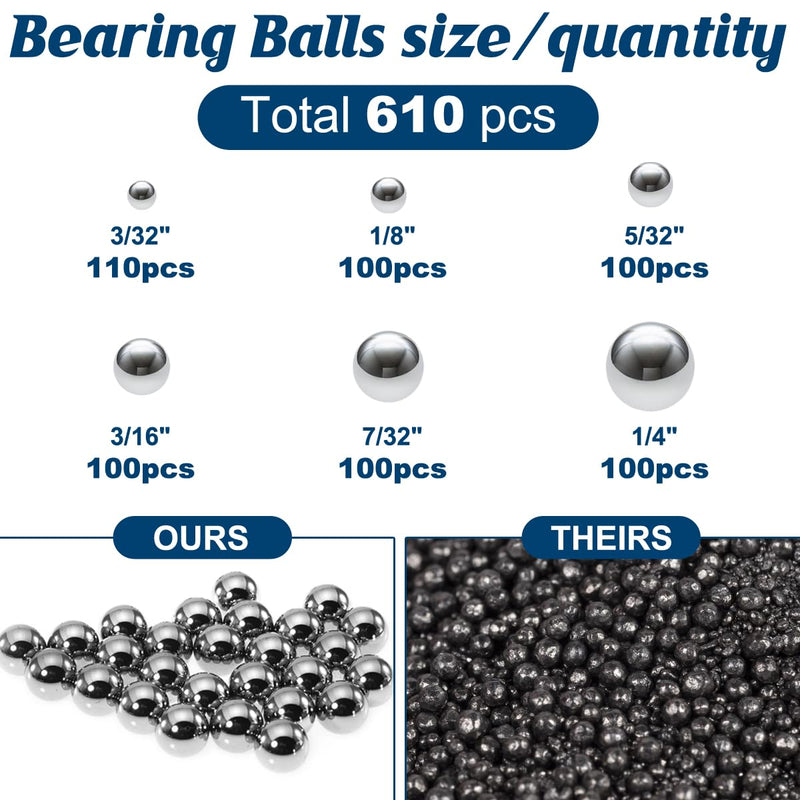 [Australia - AusPower] - Ball Bearings 610 Pcs 6 Size Assorted Loose Bearing Balls 3/32" 1/8" 5/32" 3/16" 7/32" and 1/4" Small Bearing Balls Steel Ball 610Pcs 