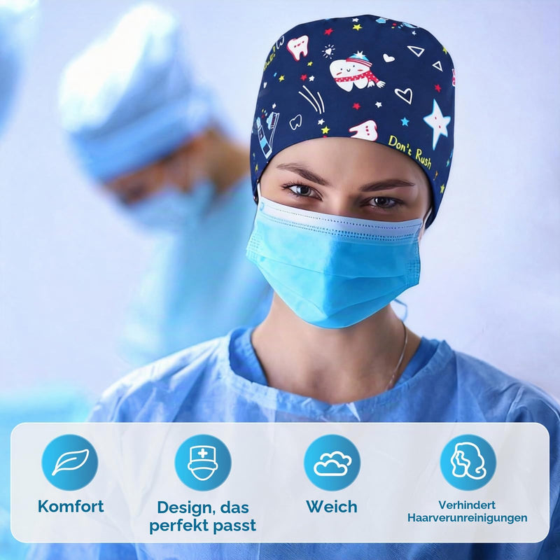 Pack of 2 Surgical Caps, Fabric Print, Unisex Nurse Cap | Adjustable Work Cap with Sweatband Headwear for Nurses Dentists Doctors (Unicorn, Teeth) light blue