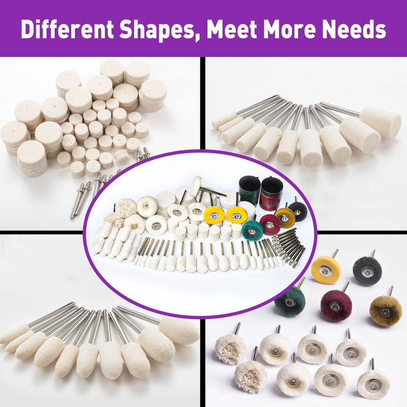 [Australia - AusPower] - Pack of 114 Wool Felt Polishing Wheels, Polishing Attachments, Silver, Wool Felt Mounted Mandrel Polishing Set with 2 Polishing Paste, 3 mm Shaft Polishing Accessories, Suitable for Grinding and 