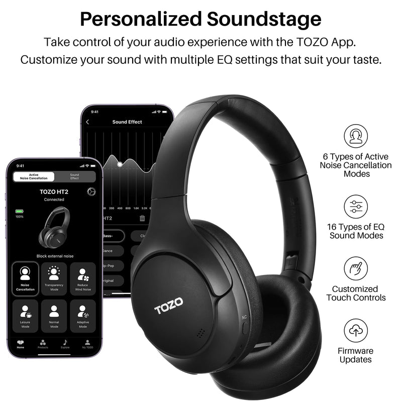 [Australia - AusPower] - TOZO HT2 Hybrid Active Noise Cancelling Headphones, Wireless Over Ear Bluetooth Headphones, 60H Playtime, Hi-Res Audio Custom EQ via App Deep Bass Comfort Fit Ear Cups, for Home Office Travel Black 