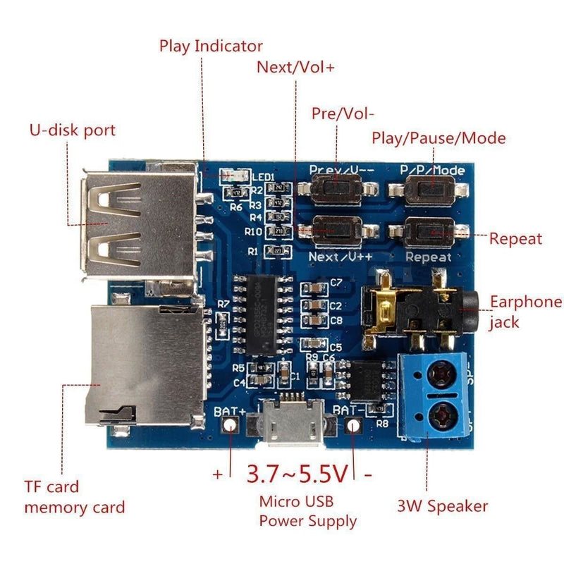 Hailege TF Card U Disk Play MP3 Decoder Player Module with Audio Amplifier Audio Decoding Player Module Micro USB 5V Power Supply Pack of 2