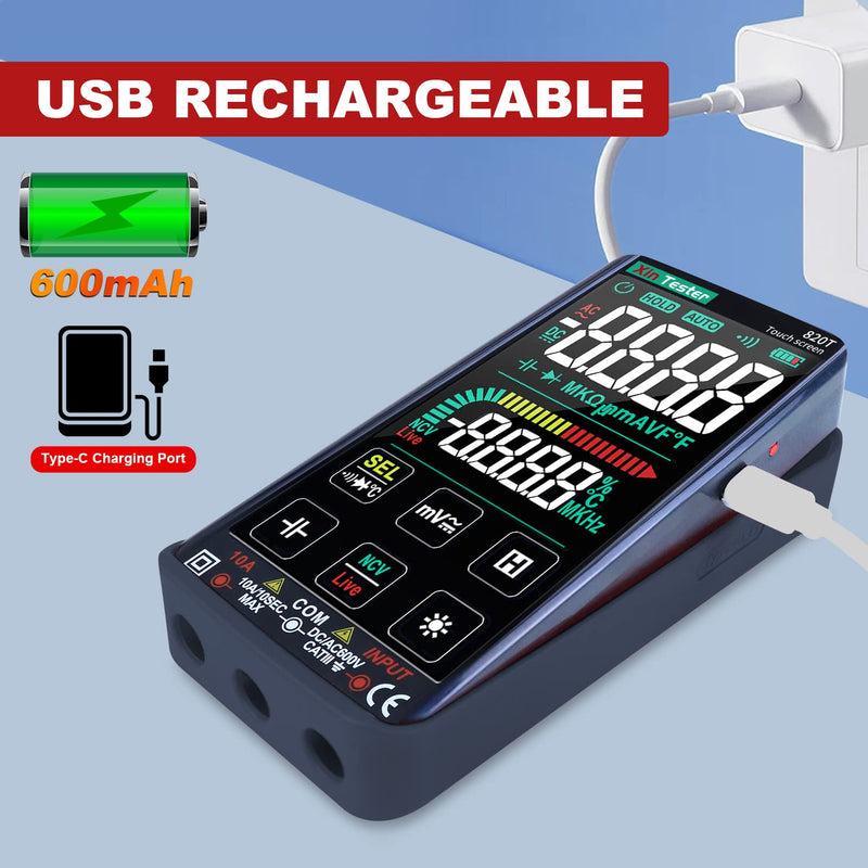 Xin Tester Digital Multimeter Smart Touch Screen Auto-Ranging 9999 Counts TRMS Rechargeable Multi Tester NCV Voltmeter Ohmmeter Tests Current Voltage Resistance Capacitance Frequency Diode Temperature FS8233 Pro