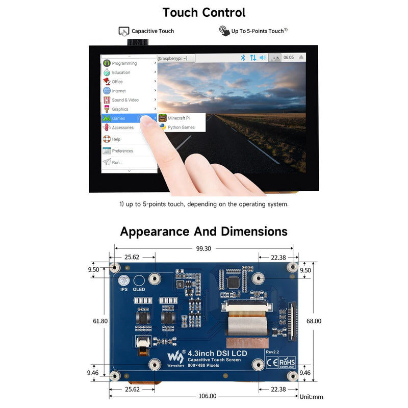 waveshare 4.3inch Capacitive Touch Display Compatible with Raspberry Pi 5/4B/3B+/3A+/3B/2B/B+/A+/CM3/3+/4 800×480 Resolution IPS Wide Angle MIPI DSI Interface 4.3inch DSI LCD