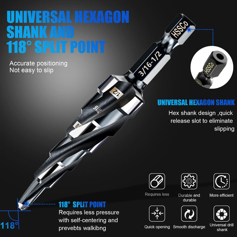 M35 Four Spiral Flute Step Drill Bit Set 1/8"-7/8"(3 pcs), 1/4" Hex Shank Unibit Step Drill bit, Impact Resistant M35 Cobalt Step Drill Bit, for Stainless Steel, Wood, Aluminum, Plastic Spiral 1/8"-7/8"