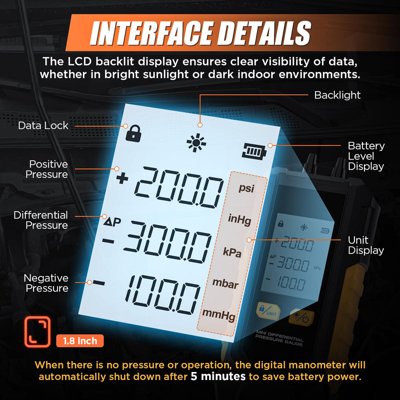 Digital Manometer -101~200kPa Manometer Gas Pressure Tester, Data Zero & Calibration Mini HVAC Gas Pressure Tester with Backlight LCD Display & Data Hold, 6 Units, 7 Adapters