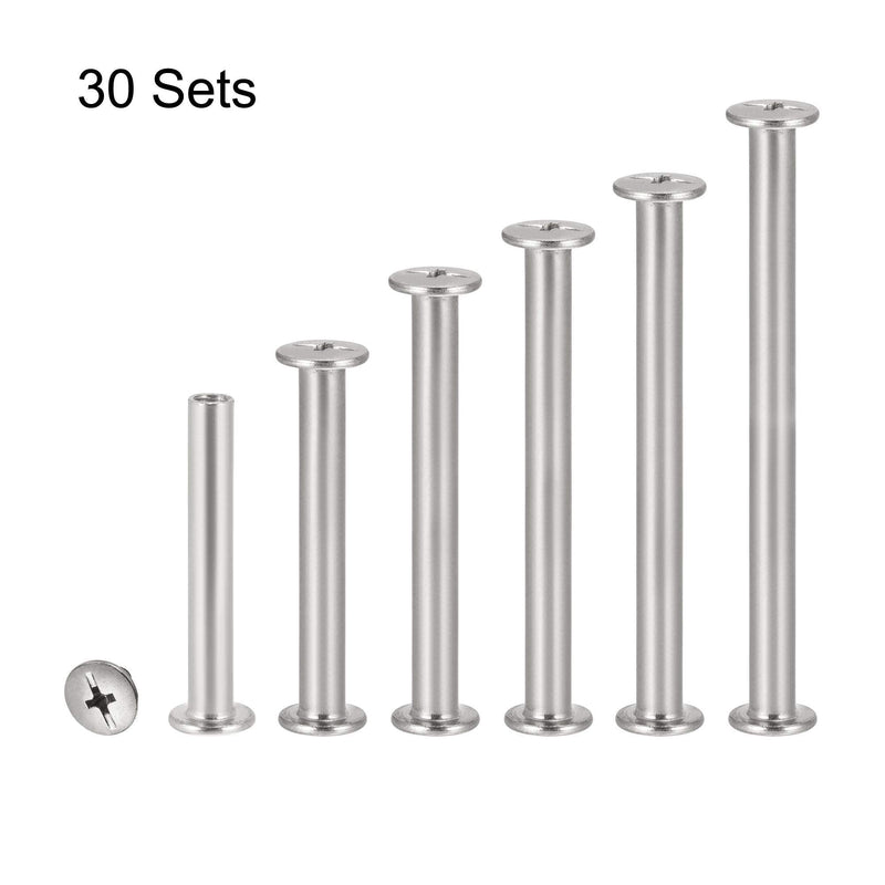 [Australia - AusPower] - uxcell 6 Sizes Phillips Screw Post Fit for 3/16"(5mm) Hole Dia, Male M4x6mm Binding Bolts Leather Album Fastener Kit Silver Tone 30 Sets 