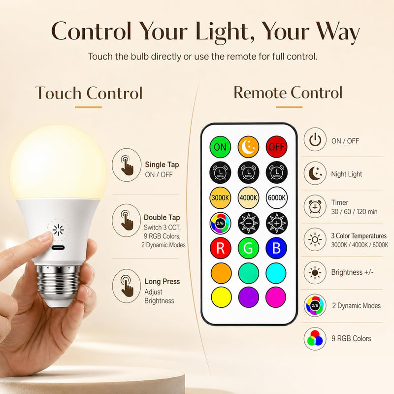 2 x 2600mAh Battery Rechargeable Light Bulb with Remote Control & Touch | E27 Akku Glühbirne, USB-C, 3 Farbtemperaturen, 9 RGB-Farben & 2 Modi, LED, Dimmbar, 8W, 3 Timer, Haken, für Lampen ohne Strom 2 Stück