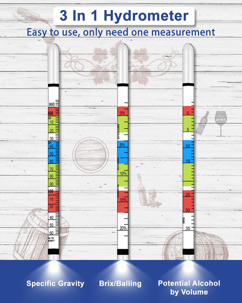 Hydrometer Test Kit, Triple Scale Alcohol Tester Hydrometer for Wine, Beer, Kombucha & Mead, Wine Making Kit, (ABV Tester, Brix, Specific Gravity Hydrometer) + Hydrometer Test Jar for Home Brewing Kit Hydrometer with Plastic Test Jar