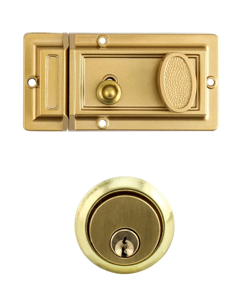 QWORK Night Latch Deadbolt Rim Lock with Key, 2Pack Gold Finish Antique Style Lock with Front Door Key