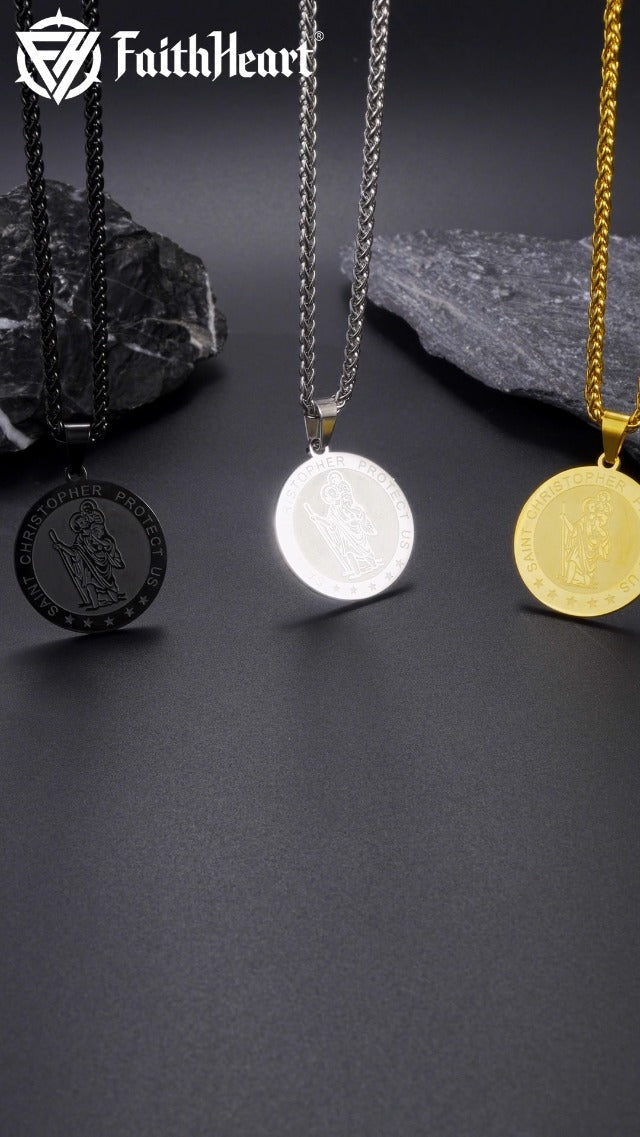 FaithHeart St Christopher Necklace for Men, Personalised Saint Christopher Pendant Catholic Jewellery Stainless Steel/Gold/Black, Patron Saints of Travellers Christening Gifts for Boys Child 02.coin-black