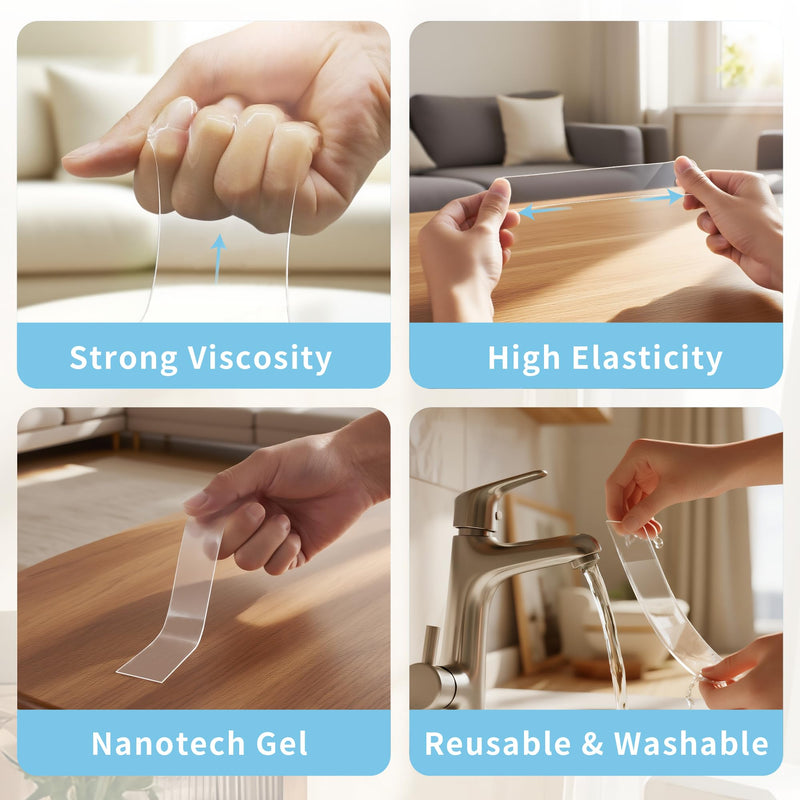 Double Sided Tape Heavy Duty, 2" x 200" Removable Washable Nano Mounting Tape, Clear Sticky Adhesive for Carpet Picture Poster Home Office RV Decoration – Holds 6lbs, 0.08" Thick 2" x 200" 1