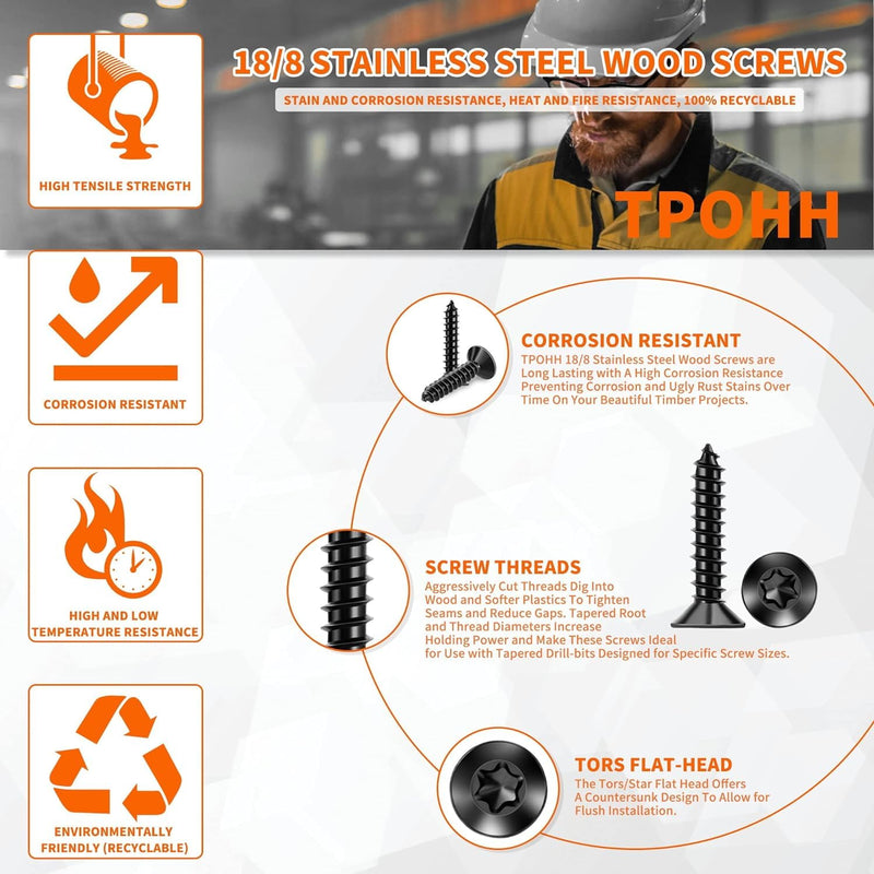 [Australia - AusPower] - 100 PCS #6 x 3/4" Flat Head Torx/Star Wood Screws, 18-8 (A2) Stainless Steel, Full Threaded & Black Coated for Durability, T15 Drive Bit Included, No.6 X 3/4" Multipurpose Screw by TPOHH #6 X 3/4 inch 100 