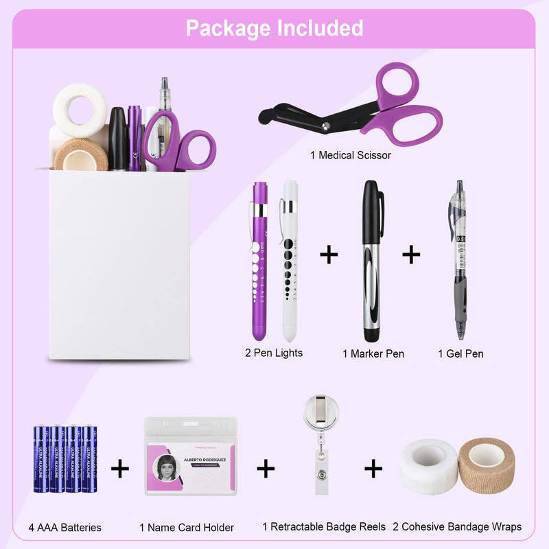 [Australia - AusPower] - BOVKE 12 Pcs Nurse Tools Set, Medical Supplies Nurse Accessories for Work Includes Medical Scissors, 2 Penlights with Batteries, Bandage Wraps, Name Card Holder Nursing School Essentials, Purple 