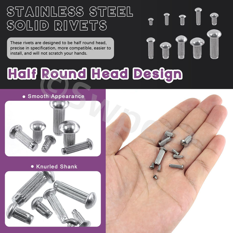[Australia - AusPower] - Swpeet 190Pcs M2 M2.5 M3 M4 M5 Solid 304 Stainless Steel Brazier Head Rivets Assortment Kit, Half Round Head Solid Knurled Rivets, Aluminum Rivet Solid Rivets for Repairing Boat, Aircraft Stainless Steel 304 