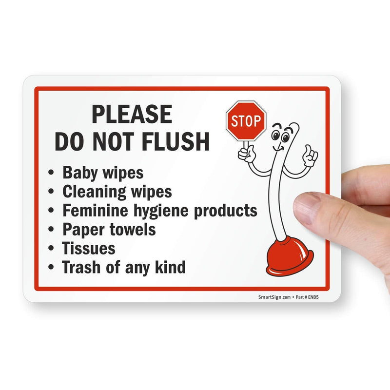 [Australia - AusPower] - SmartSign 5 x7" Funny Please - Do Not Flush Wipes, Feminine Products, Paper Towels, Tissues, Trash Sticker Labels Pack of 4, 5 mil Laminated Polyester with SuperStick Adhesive, Red Black White 5" x 7" - SuperStick Label 