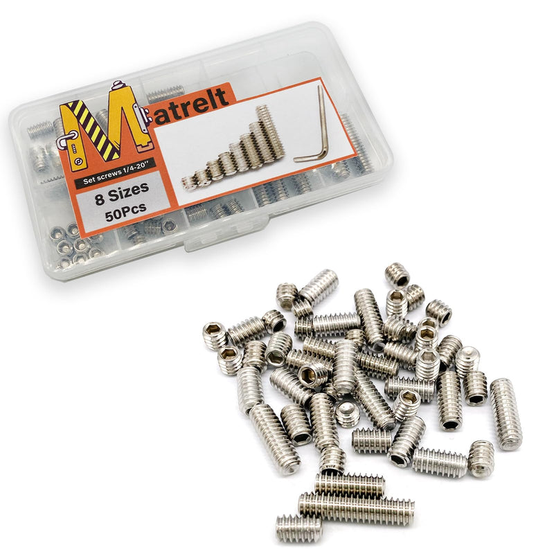 [Australia - AusPower] - 50pcs 1/4-20 8 Sizes Hex Socket Set Screws Assortment Kit, 304 Stainless Steel Cup Point Grub Screw for Bathroom Fixtures Door Handles Stripper Pole Rack Screws Precision Instrument ets 1/4-8Size-50P-304Silver 