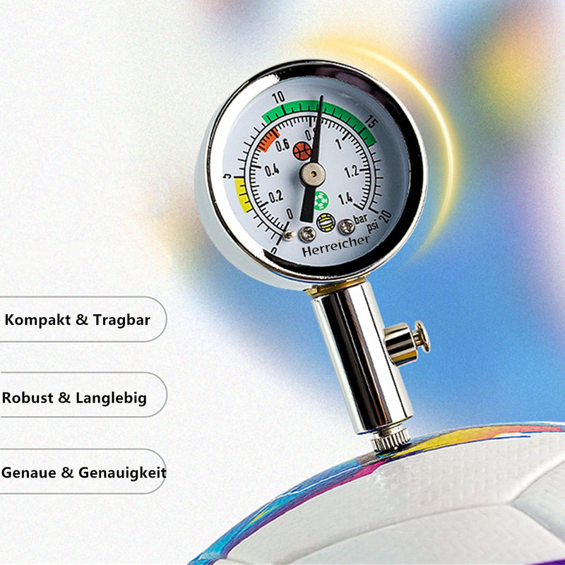 Precision Ball Pressure Gauge Professional Air Pressure Gauge for Football, Basketball, Volleyball & Rugby - Robust Metal Casing, Clear Display (0-20 PSI/0-1.4 Bar) - Includes Needle for All Ball Valves