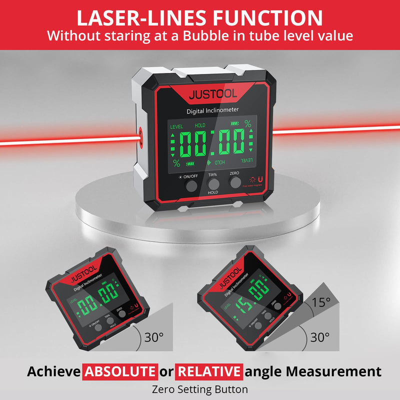 [Australia - AusPower] - JUSTOOL Digital Level Box Angle Finder Gauge with Electronic Laser 4-Side Strong Magnetic Angle Gauge Backlight Inclinometer Rechargeable Angle Measuring Device for Woodworking Renovations Red 