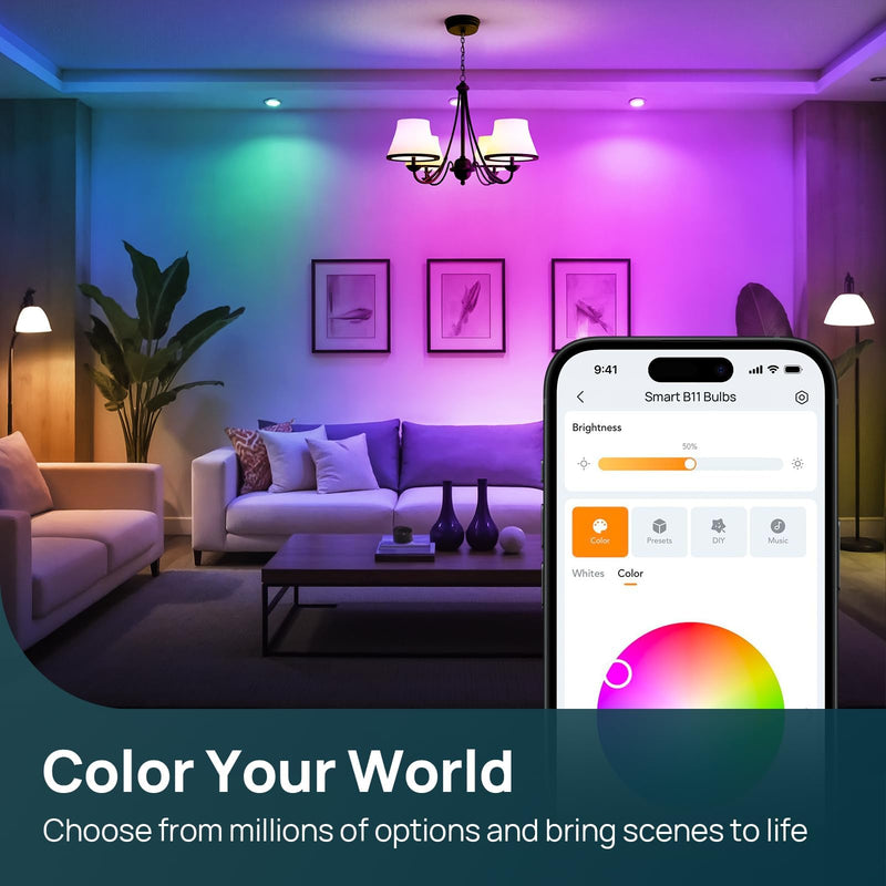 Linkind Matter Smart Light Bulbs, E12 Led Bulb Compatible with Alexa, 500LM Smart Bulbs for Chandelier, Color Changing RGBTW Candelabra Bulbs, 2.4Ghz WiFi Only, 8 Pack