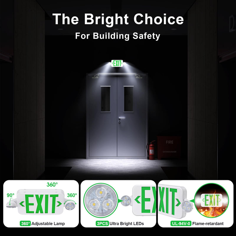 Led Exit Sign Emergency Light Combo Adjustable Two Head,Double Sided and Battery Backup Exit Light,Green Letter Hardwired Emergency Exit Sign,AC 120/277V,UL Listed,Ceiling&Wall Mount (1 Pack) 1 Pack