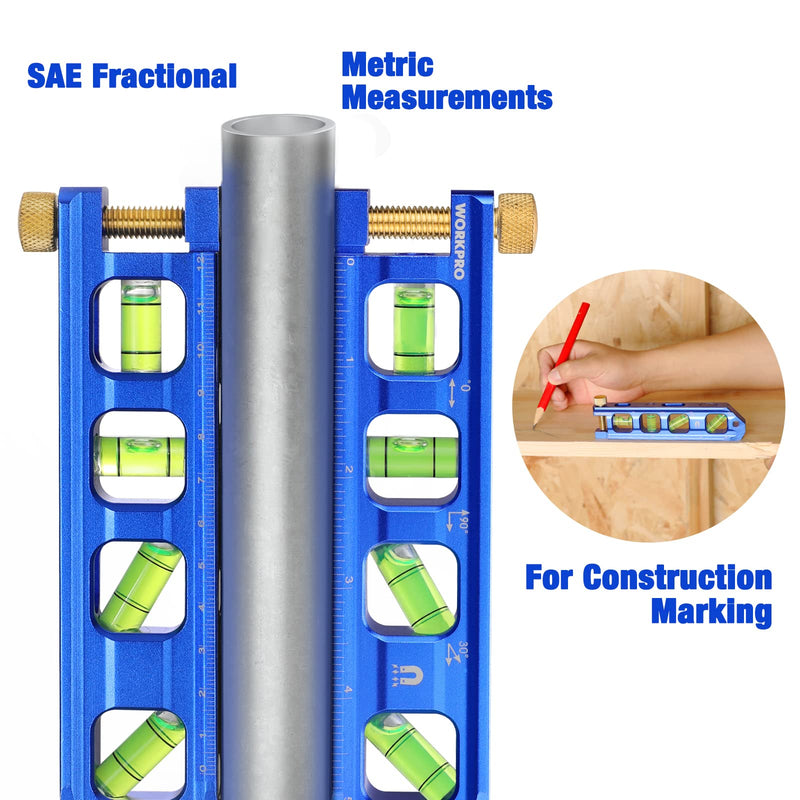 [Australia - AusPower] - WORKPRO Conduit Bending Level, Magnetic Torpedo Level, Pipe Level, Bubble Vials for 0°/90°/30°/45° Measurements, Aluminum Alloy Construction, 6.3-inch, Cobalt Blue 6.3inches 