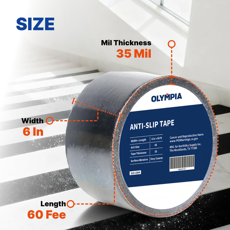 NORTHSKY Olympia 6 Inch x 60 Foot Anti Slip Tape, 45-Grit Friction, Non-Slip Traction Grip for Stairs, Waterproof Grip Tape Safety Non Skid Tape for Steps Anti-Slip Traction Tape Black 6“