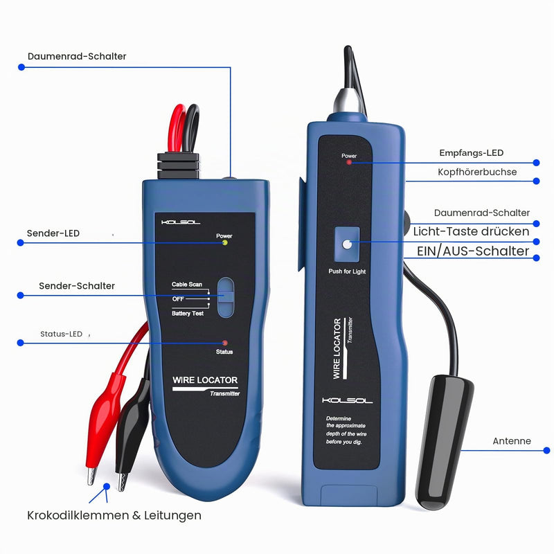 Earth Cable Detector, Cable Tester F02 Pro for Cable Detector, Locate Control Wires, Pet Fence Cable, Up to 3 Metres Deep 2000 Metres Length, Equipped with Rechargeable Battery