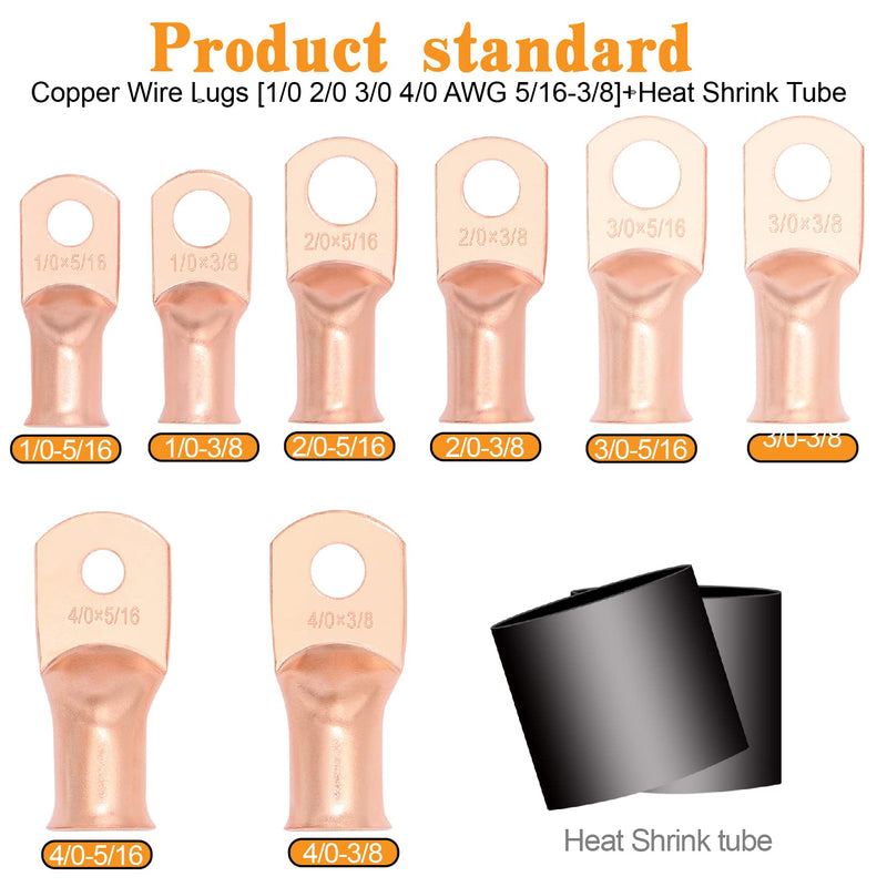 48PCS Battery Terminal Connectors Cable Ends,AWG 1/0 2/0 3/0 4/0 Crimp Copper Wire Ring lugs with Heat Shrink Tubing Assortment Kit AWG1/0 2/0 3/0 4/0