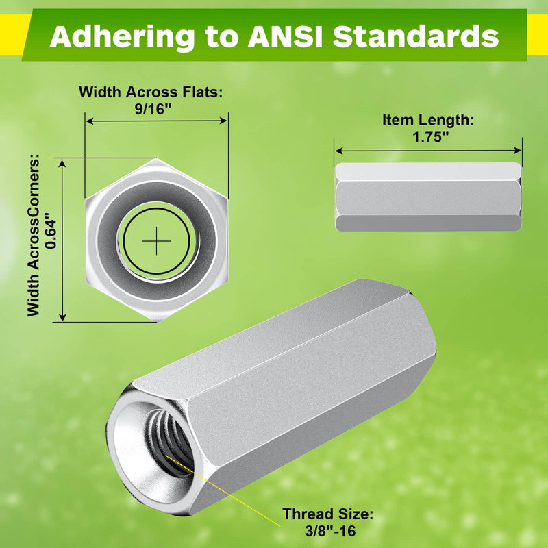 [Australia - AusPower] - Hex Coupling Nuts, Rod Coupling Nuts 3/8"-16 UNC, 1-3/4" Length (10 PCS), Ideal for Threaded Rods & Studs, 1.75-Inch Length with Zinc Plating (10 PCS) 10 