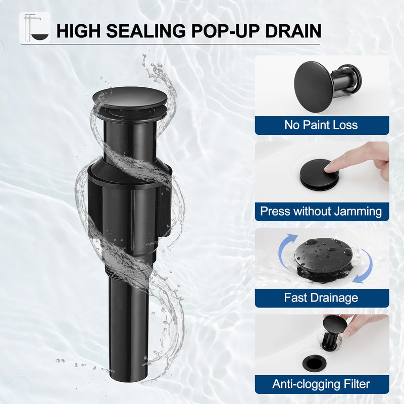 Brass Vessel Sink Faucet Black Waterfall Bathroom Faucet 1 Hole, Tall Bathroom Sink Faucet Single Handle, Modern Bathroom Faucets for Vessel Sinks with Pop Up Drain and Supply Hoses Matte Black
