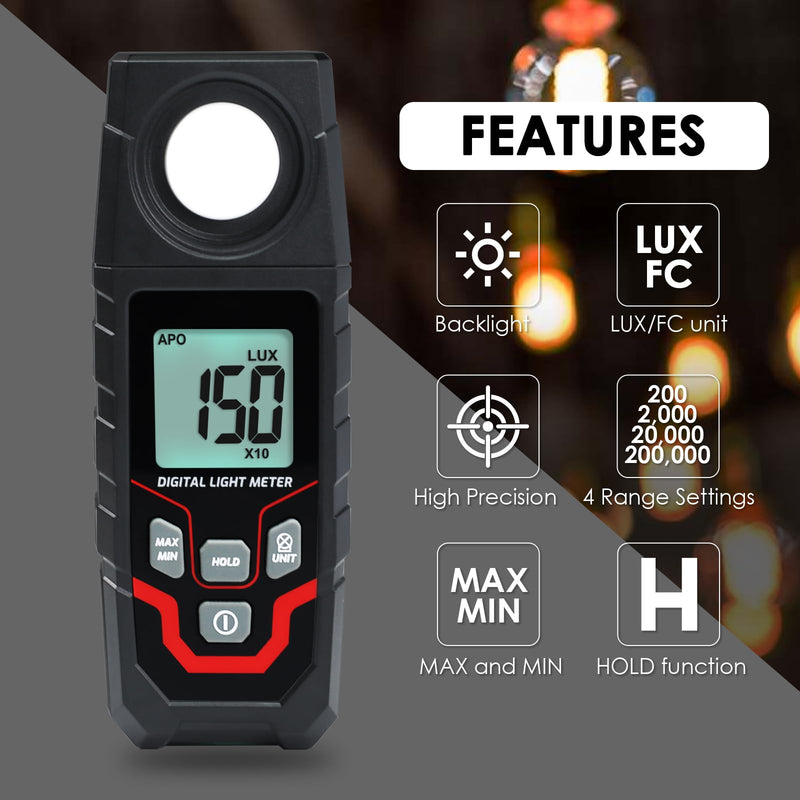 [Australia - AusPower] - Light Meter Illuminance LuxMeter Handheld Photometer LUX/FC Switchable Units 0.1 to 200,000 LUX and 0.01 to 20,000 FC with LCD Backlight for Indoor Outdoor Film Photography lumens 
