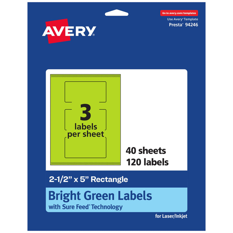 Avery Printable Rectangle Labels, Sure Feed Technology, 2-1/2" x 5", Bright Green Labels, Print-to-The-Edge, Laser/Inkjet Printable, 120 Total, Great for Candles and Ingredients 120 labels
