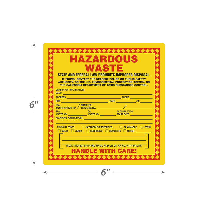 SmartSign (100-Pack) California Hazardous Waste Handle with Care Labels, 6" x 6", Write-On Plastic Labels, Drum Labels with Permanent Adhesive, Red/Black with Yellow Hazardous Waste - 4