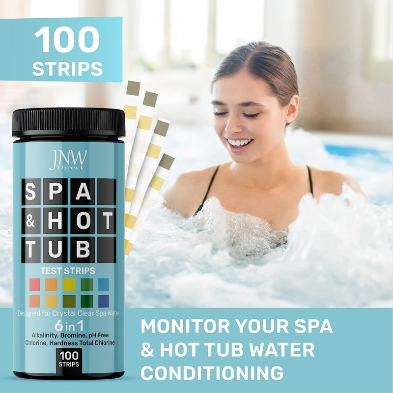 Hot Tub and Pool Test Strips - 6in1 Quick & Accurate Hot Tub, Spa, Pool Test Strips - 100 Water Test Strips, Water Test Kit with E-Book - Test Chlorine, Bromine, pH, Hardness, Alkalinity - JNW Direct HOT TUB TEST STRIPS - 100 STRIPS